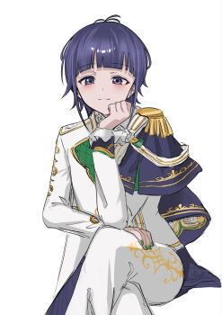1girl antenna_hair blunt_bangs cape closed_mouth commentary_request crossed_legs elbow_on_knee epaulettes feet_out_of_frame fingernails frilled_sleeves frills green_nails hand_on_own_chin hand_on_own_thigh head_rest highres invisible_chair jacket koro_(necotankawai) light_blush light_smile long_sleeves looking_at_viewer nail_polish official_alternate_costume official_alternate_hair_length official_alternate_hairstyle pants purple_cape purple_eyes purple_hair short_hair shoujo_kageki_revue_starlight side_cape sidelocks simple_background single_epaulette sitting solo tsuyuzaki_mahiru white_background white_jacket white_pants