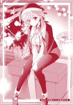 1girl araragi_ayune bolo_tie boots box braid breasts christmas commentary_request gift hat inset_border isshiki-san_wa_koi_wo_shiritai. large_breasts long_hair long_sleeves looking_at_viewer monochrome on_box pantyhose pantyhose_under_shorts red_theme rinna_milford santa_hat shorts sitting solo swept_bangs translation_request
