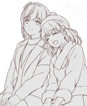 2girls :d ^_^ beanie cerise_bouquet closed_eyes closed_mouth coat commentary flower_hairband fur-trimmed_jacket fur_trim greyscale hat hinoshita_kaho hinoshita_kaho_(winter_casual) jacket link!_like!_love_live! long_sleeves love_live! monochrome multiple_girls official_alternate_costume open_clothes open_coat open_mouth otomune_kozue otomune_kozue_(winter_casual) pom_pom_(clothes) pom_pom_beanie scarf shamakho side-by-side sitting smile split_mouth sweater turtleneck turtleneck_sweater virtual_youtuber