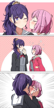 Rule 34 | 25-ji nightcord de. (project sekai), 2girls, 3koma, arimon (dfrgty12), asahina mafuyu, comic, kiss, multiple girls, one eye closed, ootori emu, pink hair, project sekai, purple eyes, purple hair, school uniform