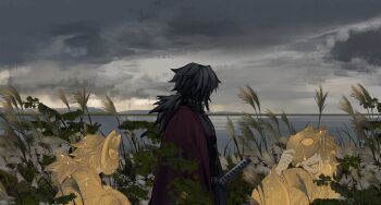 3boys belt black_hair black_jacket black_pants buttons demon_slayer_uniform fox_mask gold_buttons haori high_collar highres jacket japanese_clothes katana kimetsu_no_yaiba long_hair low_ponytail male_focus mask multiple_boys ocean open_mouth outdoors pants ponytail red_haori smile spiked_hair standing sword teeth tomioka_giyuu tongue weapon whd5er white_belt