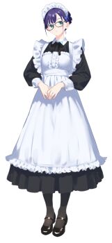 Rule 34 | 1girl, a-chan (hololive), alternate costume, alternate hairstyle, apron, black-framed eyewear, black dress, black pantyhose, black ribbon, black shoes, blue eyes, breasts, closed mouth, cohi27151463, commentary, dress, enmaided, expressionless, frilled apron, frills, full body, glasses, hair bun, highres, hololive, long sleeves, looking at viewer, maid, maid apron, maid headdress, mary janes, neck ribbon, own hands together, pantyhose, pleated dress, purple hair, ribbon, shoes, short hair, simple background, small breasts, solo, standing, virtual youtuber, white apron, white background