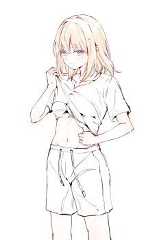 1girl abs absurdres bang_dream! bang_dream!_it&#039;s_mygo!!!!! blonde_hair blush chinese_commentary closed_mouth commentary_request highres misumi_uika partially_colored purple_eyes sen_jin_chen shorts simple_background solo sweat white_background