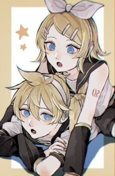 1boy 1girl :o arm_tattoo belt black_sailor_collar black_shorts blonde_hair blue_eyes border bow bow_hairband brother_and_sister collarbone commentary_request crossed_arms hair_between_eyes hair_bow hair_ornament hairband hairclip kagamine_len kagamine_rin looking_at_another looking_at_viewer lying nail_polish number_tattoo on_stomach open_mouth outside_border parallel_hairclips sailor_collar shirt short_hair short_sleeves shorts siblings sleeveless sleeveless_shirt star_(symbol) swept_bangs tattoo tsubame-shi_(tubame) twins vocaloid white_background white_bow white_hairband white_shirt yellow_border yellow_nails