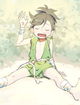 Rule 34 | 1girl, androgynous, artist name, bandaged arm, bandaged leg, bandages, black hair, bush, choker, closed eyes, commentary request, dororo (character), dororo (tezuka), hand on ground, hand up, highres, japanese clothes, kon (kin219), on ground, open mouth, ponytail, short hair, short ponytail, sign, sitting, spread legs, sweatdrop, teeth, tomboy, torn clothes, upper teeth only