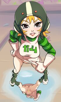 2022 ass blonde_hair bottomless breasts cleft_of_venus from_below gloves gum_(jsr) helmet highres jet_set_radio lipstick long_sleeves makeup medium_breasts no_panties profitart pubic_hair pussy striped_sleeves