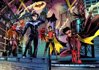 barbara_gordon bat_signal batgirl batman batman_(series) batman_symbol batwoman belt black_bodysuit black_gloves black_hair bodysuit brown_jacket bruce_wayne cassandra_cain commentary cowl damian_wayne dc_comics dick_grayson domino_mask english_commentary escrima_sticks eye_mask gloves grey_bodysuit highres holding jacket jason_todd mask multicolored_bodysuit multiple_boys muscular muscular_male nightwing open_clothes pants pat_m_art red_hood_(dc) red_mask robin_(dc) short_hair superhero_costume taut_bodysuit tim_drake two-tone_bodysuit utility_belt western_comics_(style)