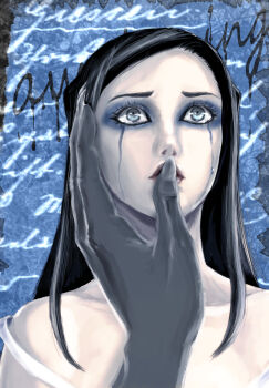 1boy 1girl black_hair blue_eyes crying ergo_proxy ergo_proxy_(character) eyeshadow highres long_hair makeup re-l_mayer