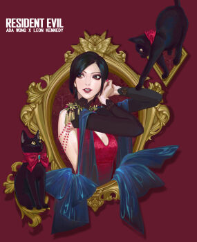 Rule 34 | 1girl, ada wong, backless dress, backless outfit, bare shoulders, black cape, black hair, black sleeves, bow, bowtie, breasts, cape, character name, cleavage, commentary, copyright name, detached sleeves, dress, eyeshadow, highres, jewelry, lace collar, makeup, medium breasts, nail polish, parted bangs, peanut9021, picture frame, putting on jewelry, red background, red bow, red bowtie, red dress, red eyeshadow, red lips, red nails, resident evil, short hair, sideboob, sleeveless, sleeveless dress, symbol-only commentary, upper body