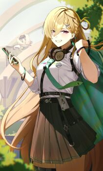 1girl absurdres ashamutoki black_skirt blonde_hair braid braided_bangs breasts cellphone commentary earrings green_necktie grin hair_between_eyes hair_ornament hand_up headphones headphones_around_neck highres holding holding_phone id_card jacket jewelry long_hair looking_at_viewer lynae_(wuthering_waves) medium_breasts necktie outdoors phone purple_eyes shirt shirt_tucked_in skirt skull_hair_ornament smartphone smile solo star_(symbol) star_earrings very_long_hair white_jacket white_shirt wuthering_waves