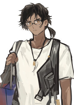 Rule 34 | 1boy, absurdres, arknights, babu don (don 10 13), bag, bespectacled, bishounen, black hair, brown eyes, closed mouth, commentary request, dark-skinned male, dark skin, glasses, highres, jewelry, looking at viewer, low ponytail, male focus, necklace, ponytail, shirt, short ponytail, short sleeves, simple background, solo, thorns (arknights), thorns (comodo) (arknights), upper body, white background, white shirt