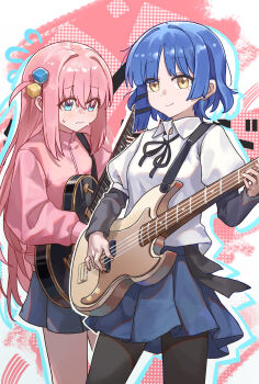 2girls absurdres bass_guitar black_pantyhose black_ribbon blue_eyes blue_hair blue_skirt blush bocchi_the_rock! chinese_commentary closed_mouth collared_shirt commentary_request cowboy_shot cube_hair_ornament electric_guitar flying_sweatdrops gotoh_hitori guitar hair_ornament hairclip highres holding holding_bass_guitar holding_guitar holding_instrument instrument jacket layered_sleeves long_hair long_sleeves multiple_girls neck_ribbon one_side_up pantyhose parallel_hairclips pink_hair pink_jacket pleated_skirt ribbon shirt short_hair short_over_long_sleeves short_sleeves sidelocks skirt smile tianqiyubao_euc track_jacket white_shirt yamada_ryo yellow_eyes