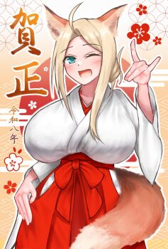 1girl 2026 ahoge animal_ears blonde_hair blue_eyes breasts commentary_request fox_ears fox_shadow_puppet fox_tail hair_bun hakama highres japanese_clothes kantai_collection kimono large_breasts long_hair miko new_year one_eye_closed owada_(kousonhuchi) red_hakama solo tail wasp_(kancolle) white_kimono