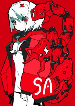 1girl bikini bikini_under_clothes blush cowboy_shot hair_ornament hairclip highres hood hood_down jacket long_sleeves looking_at_viewer machine machinery muzinneki navel original print_bikini puffy_long_sleeves puffy_sleeves red_background red_eyes red_jacket red_theme short_hair simple_background solo swimsuit white_hair