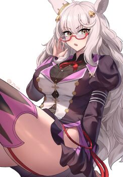 1girl ahoge animal_ears biwa_hayahide_(pf._winning_equation...)_(umamusume) biwa_hayahide_(umamusume) black_shirt blush breasts clothing_cutout collared_shirt commentary ear_ornament garter_straps glasses grey_hair hair_ornament highres hip_vent horse_ears horse_girl horse_tail jacket large_breasts long_hair long_sleeves looking_at_viewer neck_ribbon open_mouth purple_jacket purple_skirt purple_thighhighs red-framed_eyewear red_ribbon ribbon semi-rimless_eyewear shirt simple_background skirt solo tail thighhighs thighs umamusume under-rim_eyewear white_background white_hair yellow_eyes zcri