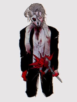 Rule 34 | 1boy, aepfelchen, bags under eyes, black jacket, blood, blood on clothes, blood on face, broken mask, brown hair, colored extremities, commentary request, cowboy shot, exhausted, gregor (project moon), head tilt, highres, holding, holding staff, jacket, la manchaland (identity) (project moon), limbus company, looking at viewer, male focus, mask, neck ribbon, official alternate costume, project moon, red eyes, red hands, ribbon, shirt, short hair, solo, staff, stole, turtleneck, white shirt