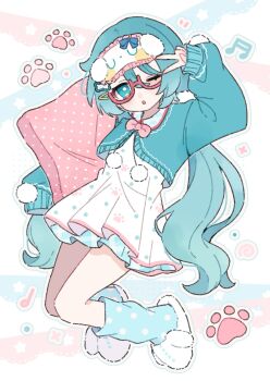 1girl :o blue_cardigan blue_eyes blue_hair blue_socks bow bowtie cardigan dress full_body glasses hair_between_eyes hand_up hashtag-only_commentary hatsune_miku highres long_hair long_sleeves looking_at_viewer loungewear_outfit_miku open_mouth outline pillow pink_bow pink_bowtie polka_dot polka_dot_socks red-framed_eyewear semi-rimless_eyewear sleeves_past_wrists slippers socks solo under-rim_eyewear v vocaloid white_dress white_outline white_slippers yukomeow
