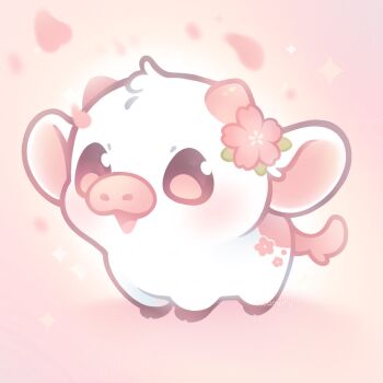 animal animal_focus cherry_blossoms commentary cow english_commentary flower full_body highres no_humans open_mouth original petals pink_background pink_eyes pink_theme solo standing swamphy