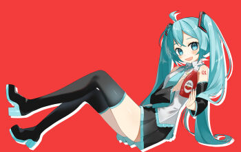 1girl ahoge black_boots black_skirt blue_eyes blue_hair blue_necktie boots bottle collared_shirt commentary detached_sleeves drop_shadow eyelashes fang hatsune_miku highres holding holding_bottle ketchup ketchup_bottle long_hair necktie number_tattoo open_mouth pleated_skirt red_background reirou_(chokoonnpu) shirt shoulder_tattoo skin_fang skirt solo symbol-only_commentary tattoo thigh_boots thighhighs twintails very_long_hair vocaloid