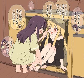 2girls absurdres anger_vein annoyed barefoot black_shirt blonde_hair blush bracelet cabinet chibi chibi_inset chou_kaguya-hime! commentary english_commentary green_shirt green_shorts highres indoors jewelry kaguya_(chou_kaguya-hime!) knees_up krill55 long_hair looking_at_another multiple_girls off_shoulder one_eye_closed open_mouth pajamas purple_hair red_eyes sakayori_iroha shirt short_sleeves shorts sink sitting smile speech_bubble squatting t-shirt translation_request