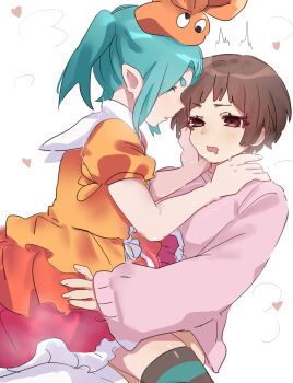 Rule 34 | 2girls, ^^^, absurdres, after kiss, aqua hair, aqua thighhighs, brown eyes, brown hair, chinese commentary, choppy bangs, commentary request, current nadeko, dress, drooling, eyelashes, face-to-face, frilled dress, frills, from side, furrowed brow, googly eyes, green eyes, grey thighhighs, hand on another's cheek, hand on another's face, hand on another's shoulder, hands on another's hips, hat, heart, highres, monogatari (series), multicolored thighhighs, multiple girls, nademonogatari, ononoki yotsugi, open mouth, orange dress, orange hat, parted bangs, parted lips, pink sweater, pointy ears, puffy short sleeves, puffy sleeves, saliva, saliva trail, sengoku nadeko, short hair, short sleeves, sidelocks, sitting, sitting on lap, sitting on person, sleeves past wrists, steam, straddling, striped clothes, striped thighhighs, sweater, thick eyebrows, thighhighs, trembling, tsugumi (tgm 615486), twintails, two-tone thighhighs, yuri, zettai ryouiki