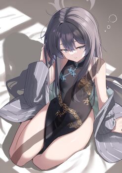 1girl absurdres alternate_hairstyle black_dress black_hair blue_archive china_dress chinese_clothes coat coat_partially_removed commentary_request dragon_print dress grey_coat grey_eyes grey_halo hair_down halo hand_in_own_hair highres kisaki_(blue_archive) long_hair olecafe2 partial_commentary pelvic_curtain print_dress side_slit sitting sleeveless sleeveless_dress solo squeans striped_coat vertical-striped_coat waking_up yokozuwari