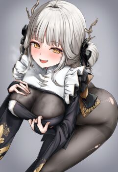 1girl absurdres blanc_(nikke) goddess_of_victory:_nikke grey_hair highres minazuki_(uraha246) no_pants non-web_source pantyhose see-through_pantyhose smile torn_clothes torn_pantyhose yellow_eyes