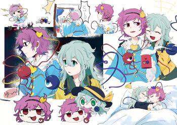 +++ 2girls :d androgynous bird biting biting_another&#039;s_hair black_bird black_cat black_hairband black_hat blue_shirt cat collared_shirt cup frilled_shirt_collar frilled_sleeves frills green_eyes green_hair green_skirt hair_between_eyes hair_ornament hairband hat heart heart_hair_ornament heart_of_string highres kaenbyou_rin kaenbyou_rin_(cat) komeiji_koishi komeiji_satori long_hair long_sleeves lying mug multiple_girls multiple_views open_mouth pink_hair pink_skirt purple_hair red_eyes reiuji_utsuho reiuji_utsuho_(bird) role_reversal shirt short_hair siblings sisters skirt sleeping smile smug starjinxin steam third_eye touhou wide_sleeves yellow_shirt yukkuri_shiteitte_ne