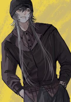 1boy beanie black_hat black_shirt closed_mouth commentary cowboy_shot face_piercing grey_eyes grey_hair hair_between_eyes hands_in_pockets hat highres lip_piercing long_hair long_sleeves looking_to_the_side mizooti_0 original piercing shirt smile solo yellow_background