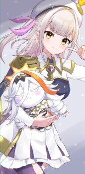 1girl baldr_(fire_emblem_heroes) beret breasts brown_hair character_doll commentary_request cowboy_shot doll fire_emblem fire_emblem_heroes grey_background hat hat_feather highres holding holding_doll long_hair looking_at_viewer medium_breasts miasuke nintendo simple_background smile solo thighs v v_over_eye vali_(fire_emblem) white_hat yellow_eyes