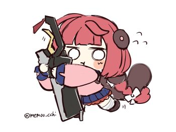 Rule 34 | 1girl, blush, braid, braided twintails, cardigan, chibi, chibi only, closed mouth, commentary request, flying sweatdrops, hair ribbon, hearing aid, holding, holding sword, holding weapon, long hair, memoo cchi, motion lines, pink cardigan, red hair, ribbon, simple background, solo, sword, twitter username, ukinami yuzuha, weapon, white background, white eyes, white ribbon, zenless zone zero