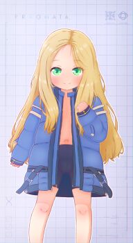 1girl absurdres bike_shorts black_shorts blonde_hair blue_coat blush coat commentary copyright_name diana_(pragmata) english_commentary green_eyes highres loli long_hair navel no_shirt pragmata shorts smile smoog solo thighs