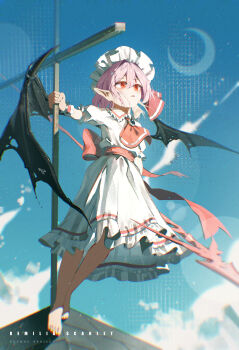 Rule 34 | 1girl, absurdres, ascot, back bow, barefoot, bat wings, black wings, blonde hair, blue sky, blush, bow, brooch, cloud, cloudy sky, crescent moon, cross, dress, flan 5oo, hat, hat ribbon, highres, holding, holding polearm, holding weapon, jewelry, large bow, mob cap, moon, parted lips, pink hat, polearm, puffy short sleeves, puffy sleeves, purple hair, red ascot, red bow, red eyes, remilia scarlet, ribbon, rooftop, short hair, short sleeves, siblings, sisters, sky, smile, solo, spear, spear the gungnir, standing, torn wings, touhou, weapon, wings, wrist cuffs