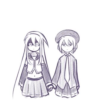 2girls absurdly_long_hair bags_under_eyes beret chanpotei commentary detached_sleeves english_commentary expressionless greyscale hat highres holding_hands long_hair miniskirt monochrome multiple_girls short_hair skirt sukone_tei utane_uta utau very_long_hair yandere
