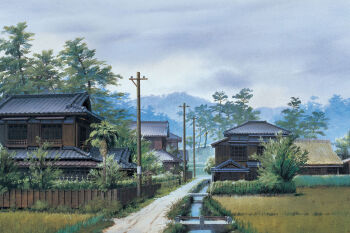 architecture bridge cloud cloudy_sky day east_asian_architecture fence field foliage grey_sky hotaru_no_haka house mountainous_horizon no_humans official_art outdoors palm_tree path road rural sky stone_bridge studio_ghibli third-party_source traditional_media tree village yamamoto_nizo