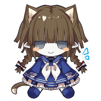 1girl animal_ears back_bow blue_sailor_collar blue_shirt blue_shoes blue_skirt blush_stickers bow braid cat_ears cat_tail closed_mouth colored_skin doll fumo_(doll) funamusea grey_eyes highres kemonomimi_mode multicolored_bow neckerchief oounabara_to_wadanohara pleated_skirt pointy_ears sailor_collar sam_(sillylinariafan) shirt shoes simple_background sitting skirt smile solo spanish_commentary tail twin_braids wadanohara white_background white_neckerchief white_skin