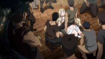 1girl 6+boys animated animated_gif blonde_hair breasts celestine_lucullus elf green_eyes group_sex huge_breasts kuroinu_~kedakaki_seijo_wa_hakudaku_ni_somaru~ long_hair lying multiple_boys on_back on_floor outdoors paizuri pale_skin pointy_ears public_indecency straddling straddling_paizuri