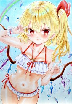1girl alternate_costume bikini blonde_hair blush breasts closed_mouth collarbone commentary_request crystal crystal_wings double_v earrings flandre_scarlet frilled_bikini frills highres jewelry long_hair marker_(medium) minorinoo_ekaki_tadaima_fuoroba_100 multicolored_wings one_side_up rainbow red_eyes small_breasts solo swimsuit touhou traditional_media v v_over_eye white_bikini wings