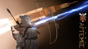 absurdres ancient_greek_clothes animal_scarf arrow_(projectile) artemis_(fate) artemis_program bare_shoulders blue_eyes bow_(weapon) bracelet colored_tips commentary cowboy_shot english_commentary fate/grand_order fate_(series) firing greco-roman_clothes greek_text highres holding holding_bow_(weapon) holding_weapon jewelry launch_vehicle long_hair looking_up multicolored_hair name_connection necklace parted_lips peplos pzkpfwi quiver red_hair rocket weapon white_hair