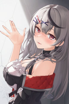 1girl absurdres belt_collar black_collar black_hair braid breasts chest_belt collar grey_hair hair_ornament hairpin heart heart_hair_ornament highres hololive ilie_ilie long_hair multicolored_hair pink_eyes red_nails sakamata_chloe sakamata_chloe_(1st_costume) signature solo streaked_hair upper_body virtual_youtuber