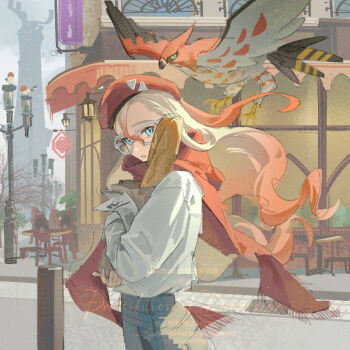 1girl alternate_costume alternate_hairstyle baguette beret blue_eyes bread city commentary_request fletchling food gen_6_pokemon glasses gradient_hair griselle_(pokemon) hair_down hat holding holding_newspaper lamppost lee999nine multicolored_hair newspaper nintendo pokemon pokemon_(creature) pokemon_legends:_z-a red_scarf scarf talonflame