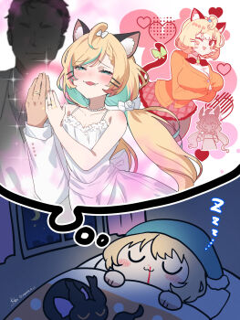 1boy 2girls ;3 ahoge animal_ear_fluff animal_ears aqua_hair aqua_nails arms_under_breasts aroused_nosebleed artist_name beads black_pantyhose blonde_hair blood blush blush_stickers bow breasts button_gap cat_ears cat_girl cat_tail chibi cleavage crescent_moon delusional dreaming dress enna_alouette enna_alouette_(1st_costume) fang flat_chest hair_beads hair_bow hair_ornament half-closed_eyes head_wings heart hetero highres jewelry kgr large_breasts long_hair looking_at_viewer low_twintails lucie_(millie_parfait) maimoto_keisuke medium_hair millie_parfait millie_parfait_(1st_costume) moon multicolored_hair multicolored_nails multiple_girls night night_sky nijisanji nijisanji_en nosebleed one_eye_closed pantyhose pink_hair pink_nails ring shoulder_blush signature sky sparkle speech_bubble streaked_hair tail thought_bubble twintails under_covers virtual_youtuber wedding wedding_dress wedding_ring wings zzz