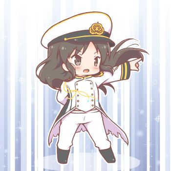 1girl :d arm_behind_back black_boots black_hair blush boots brown_eyes chibi commentary_request floating_hair hat idolmaster idolmaster_cinderella_girls jacket long_hair mitarashi_neko open_mouth outstretched_arm pants peaked_cap pointing seizon_honnou_valkyria_(idolmaster) shadow smile solo standing tachibana_arisu torn_clothes torn_jacket v-shaped_eyebrows very_long_hair white_hat white_jacket white_pants