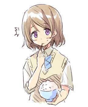 Rule 34 | 1girl, ^^^, blue bow, blue bowtie, blush, bow, bowl, bowtie, brown hair, chopsticks, commentary, diagonal-striped bow, diagonal-striped bowtie, diagonal-striped clothes, eating, hatsukaze33, holding, holding bowl, holding chopsticks, koizumi hanayo, looking at viewer, love live!, love live! school idol project, medium hair, otonokizaka school uniform, purple eyes, rice, rice bowl, school uniform, shirt, short sleeves, simple background, solo, striped bow, striped bowtie, striped clothes, summer uniform, sweatdrop, sweater vest, white background, white shirt, yellow sweater vest