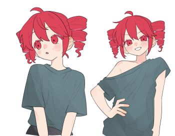 1girl :o ahoge cropped_torso drill_hair green_shirt grin kasane_teto looking_at_viewer looking_to_the_side multiple_views off_shoulder ofo_j1 red_eyes red_hair shirt short_hair short_sleeves sidelocks simple_background single_bare_shoulder smile twin_drills upper_body utau v-shaped_eyebrows white_background