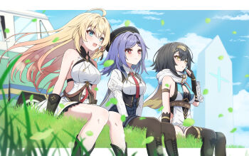 3girls ahoge amber_(stella_sora) bare_shoulders beret black_boots black_gloves black_hair black_hat black_thighhighs blonde_hair blue_eyes blue_skirt blue_sky boots breasts brown_eyes brown_pantyhose cape cleavage cloud collared_shirt commentary_request cross day dress feet_out_of_frame fingerless_gloves gloves grass hair_between_eyes hair_intakes hand_up hat highres iris_(stella_sora) juliet_sleeves lace-up_boots large_breasts long_hair long_sleeves medium_breasts multiple_girls necktie new_star_guild_(stella_sora) noya_(stella_sora) pantyhose pleated_skirt puffy_sleeves purple_hair red_eyes red_necktie shirt sitting skirt sky sleeveless sleeveless_dress stella_sora synn032 thighhighs vehicle_request very_long_hair white_cape white_dress white_shirt