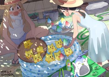 Rule 34 | > <, 2girls, :d, black hair, blobcat, blonde hair, blue shorts, blush stickers, breasts, bucket, camisole, commentary request, dappled sunlight, dated, day, dress, flower, food, grass, hair flower, hair ornament, hat, highres, holding shaved ice, hose, long hair, low ponytail, misskey.io, multiple girls, murakami-san (misskey.io), open mouth, original, outdoors, ponytail, porch, sandals, shaved ice, short shorts, shorts, signature, small breasts, smile, squatting, stepping stones, summer, sundress, sunlight, tareme, vexxrex, wading pool, water, webp-to-png conversion, white camisole, white dress