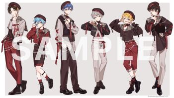 Rule 34 | 3boys, :3, :d, :p, alternate costume, ankle boots, aqua eyes, bead belt, belt, beret, black belt, black boots, black choker, black collar, black hair, black nails, black shoes, blonde hair, blue eyes, blue hair, boots, border, braid, brown hat, brown jacket, brown pants, brown ribbon, brown sailor collar, brown shirt, brown shorts, brown socks, brown sweater vest, capri pants, cat hair ornament, choker, closed mouth, collar, collarbone, cropped jacket, cropped shirt, cross-laced clothes, cross-laced sleeves, cross tie, crossed ankles, crossed bangs, detached collar, facial mark, finger heart, finger ribbon, frilled choker, frills, full body, grey background, grey eyes, grey hair, grey pants, grey shirt, grey socks, hair behind ear, hair between eyes, hair ornament, hairclip, half-heart hands, hand in pocket, hand on own hip, hands up, hat, heart, heart hands, heart ornament, heterochromia, highres, jacket, kaito story, kamome (utaite), l hand, lace-up boots, layered shirt, legwear garter, light blush, lineup, loafers, long sleeves, looking at viewer, male focus, melon parker, multicolored hair, multiple boys, nail polish, naroya (utaite), nokki (utaite), official art, open mouth, outside border, pants, parted bangs, paw pose, plaid clothes, plaid sailor collar, puckered lips, puffy long sleeves, puffy sleeves, red choker, red eyes, red hair, red pants, red ribbon, red shirt, red socks, ribbon, ribbon choker, sailor collar, sailor shirt, sample watermark, samurai shou, shichi (kotoneco0711), shirt, shirt partially tucked in, shirt tucked in, shoes, short hair, shorts, side braid, sideways glance, simple background, single sidelock, sleeve ribbon, sleeves past wrists, smile, socks, soraneko (utaite), standing, star (symbol), star facial mark, streaked hair, sweater vest, tongue, tongue out, twitter username, two-tone hair, uneven eyes, untucked shirt, utaite, v, v-shaped eyebrows, waist ribbon, watermark, white border, x (symbol), x facial mark, yellow eyes