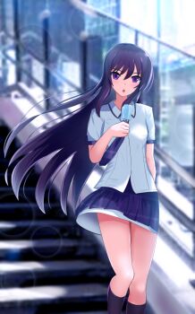 Rule 34 | 1girl, :o, aoi sena, black socks, blurry, blurry background, blush, bokeh, chaos;head, chaos;head love chu chu!, collared shirt, commentary request, depth of field, gari gari-kun, hair between eyes, kneehighs, long hair, looking at viewer, open mouth, outdoors, plaid clothes, plaid skirt, pleated skirt, purple eyes, purple hair, railing, sauku, school uniform, science adventure, shirt, short sleeves, skirt, socks, solo, stairs, standing, suimei academy school uniform, summer uniform, white shirt