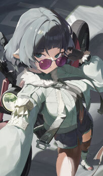 1girl absurdres animal_ears black_hair black_necktie coat commentary cowboy_shot english_commentary fingerless_gloves fur_coat fur_trim glasses gloves green_eyes hair_between_eyes highres jacket jane_doe_(zenless_zone_zero) looking_at_viewer looking_over_eyewear m1o_0112 motor_vehicle mouse_ears mouse_girl necktie selfie shorts smile solo zenless_zone_zero